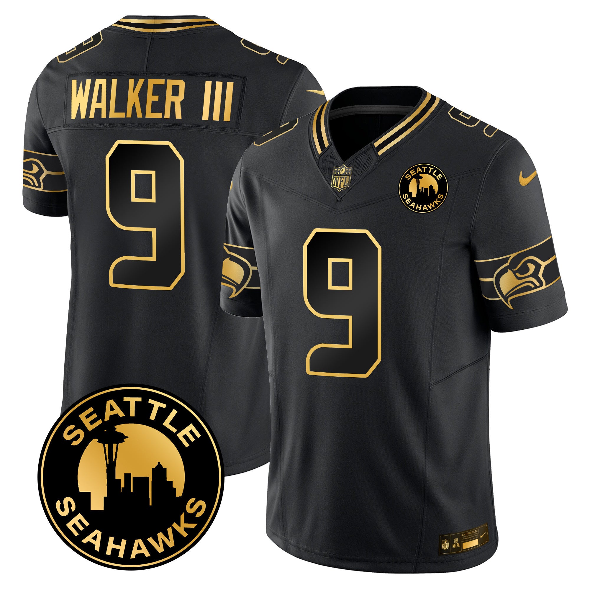 Men's Seattle Seahawks 2024 Seattle City Patch Gold Vapor Limited Jersey - All Stitched - Black Gold, Walker III