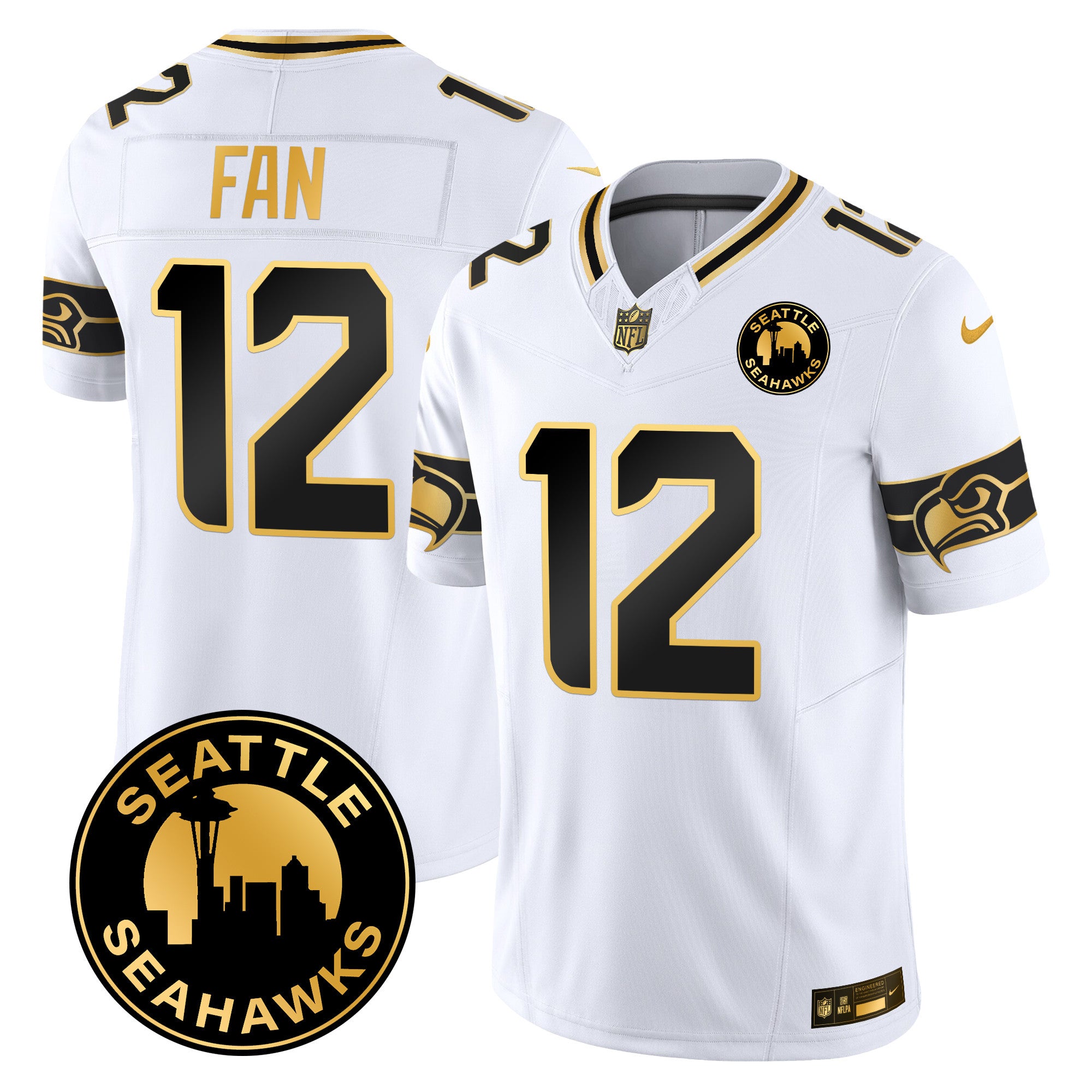 Men's Seattle Seahawks 2024 Seattle City Patch Gold Vapor Limited Jersey - All Stitched - White Gold, 12Th Fan
