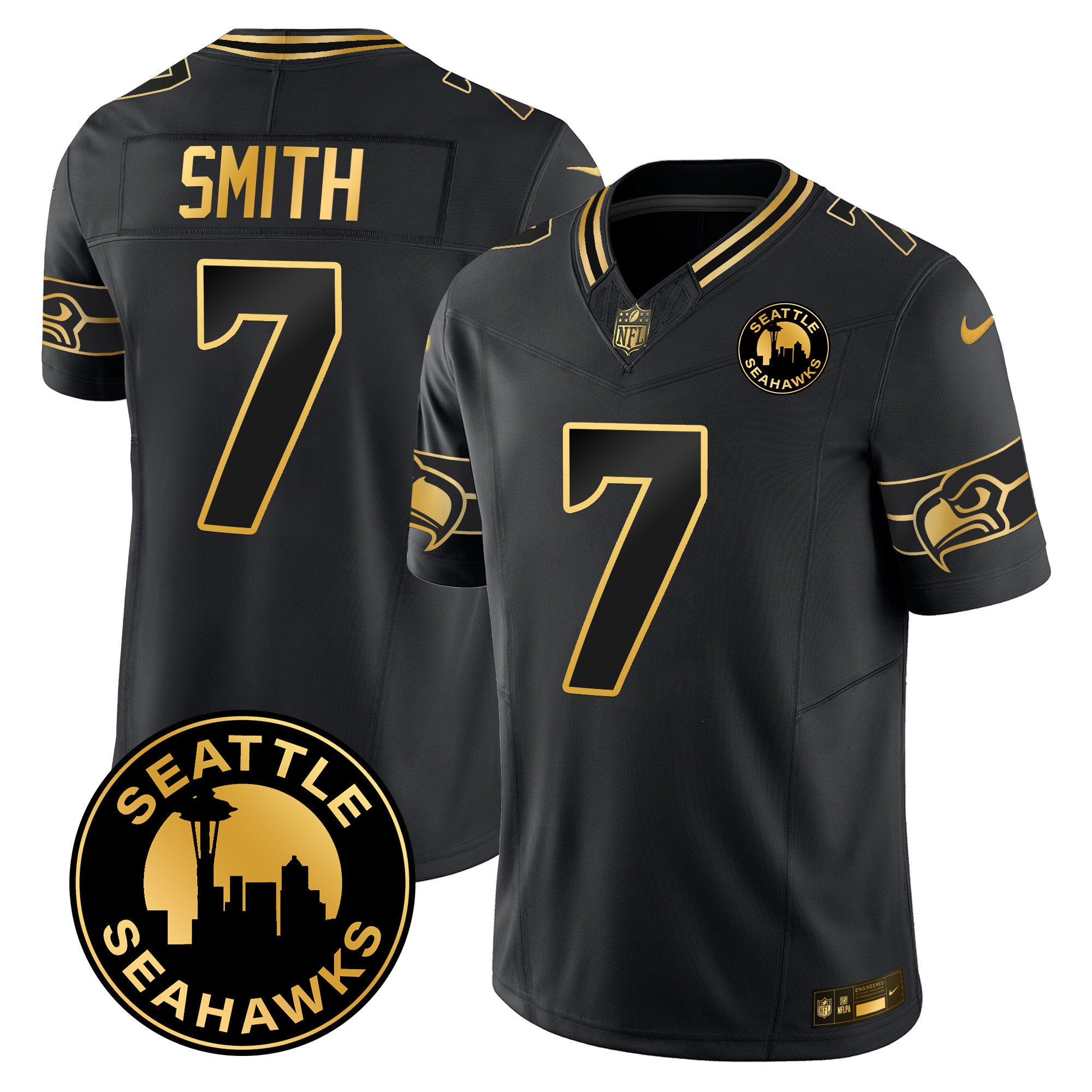Men's Seattle Seahawks 2024 Seattle City Patch Gold Vapor Limited Jersey - All Stitched - Black Gold, Geno Smith