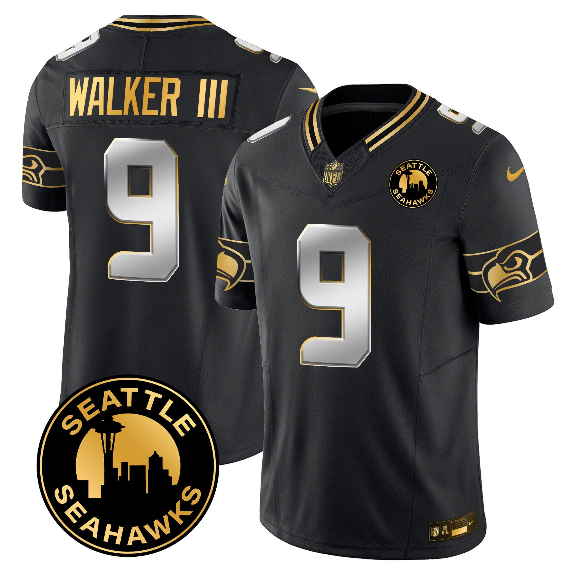 Men's Seattle Seahawks 2024 Seattle City Patch Gold Vapor Limited Jersey - All Stitched - Black Limited, Walker III
