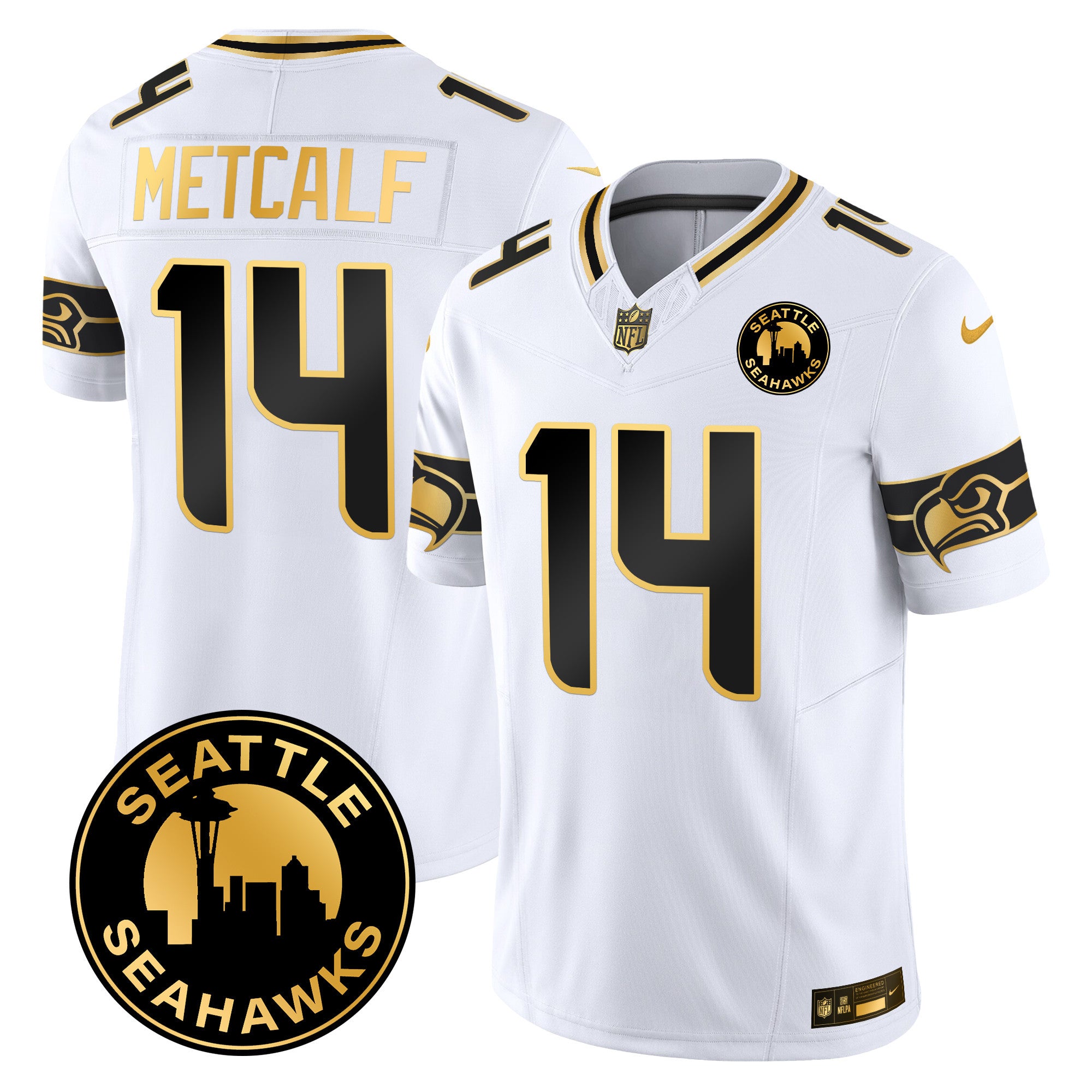 Men's Seattle Seahawks 2024 Seattle City Patch Gold Vapor Limited Jersey - All Stitched - White Gold, Dk Metcalf