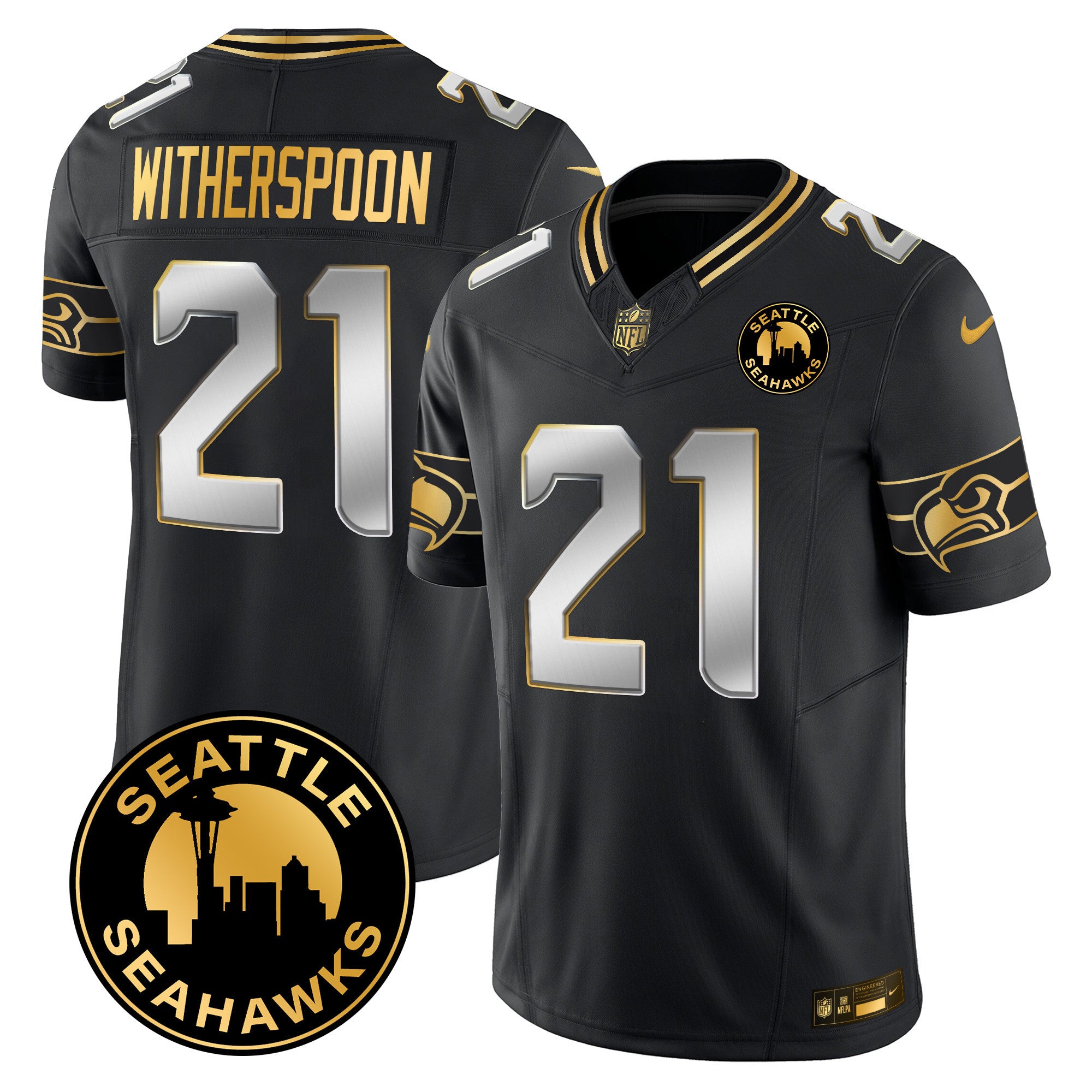 Men's Seattle Seahawks 2024 Seattle City Patch Gold Vapor Limited Jersey - All Stitched - Black Limited, Devon Witherspoon