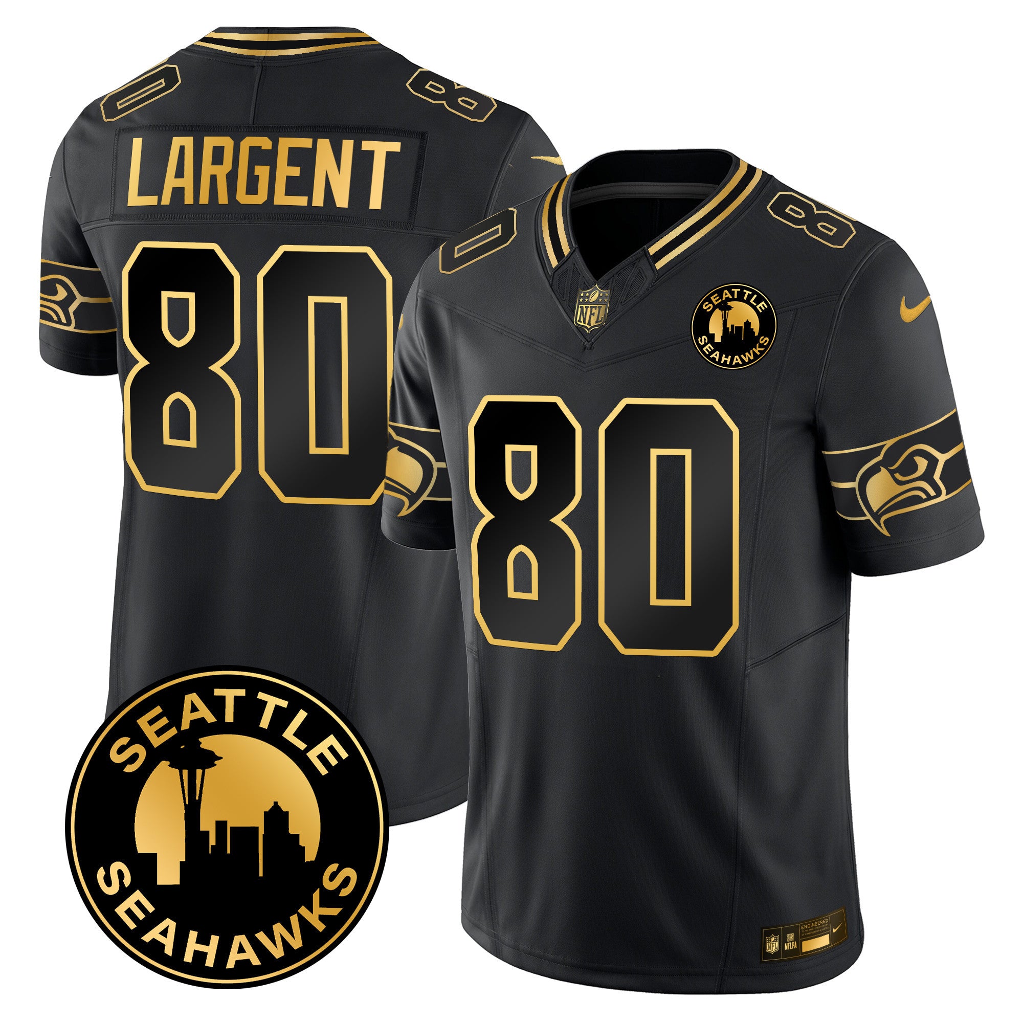 Men's Seattle Seahawks 2024 Seattle City Patch Gold Vapor Limited Jersey - All Stitched - Black Gold, Steve Largent