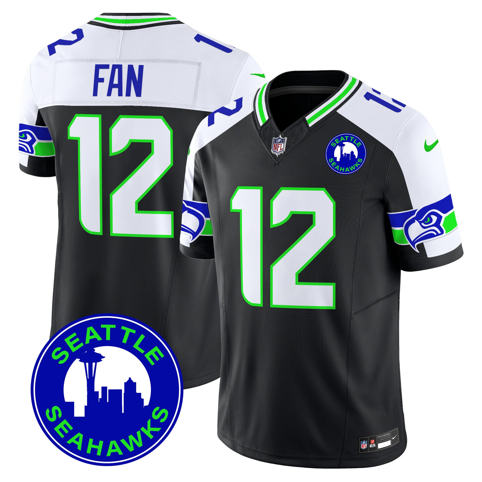 Men's Seattle Seahawks 2024 Seattle City Patch Vapor Limited Jersey - All Stitched - Black Alternate, 12Th Fan
