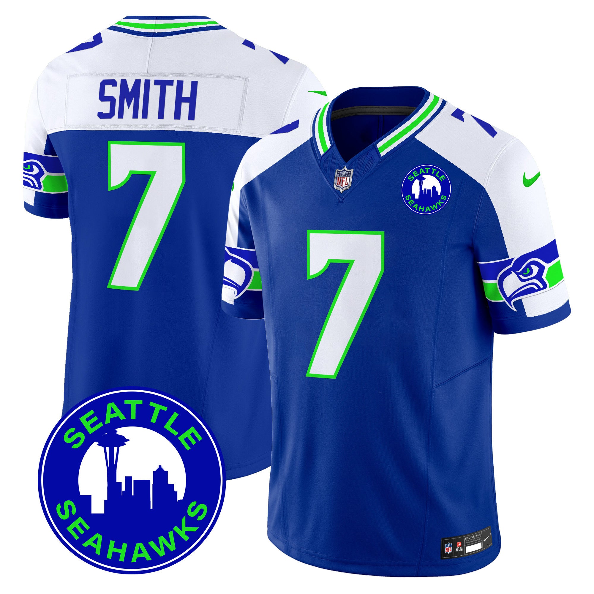 Men's Seattle Seahawks 2024 Seattle City Patch Vapor Limited Jersey - All Stitched - Royal Alternate, Geno Smith