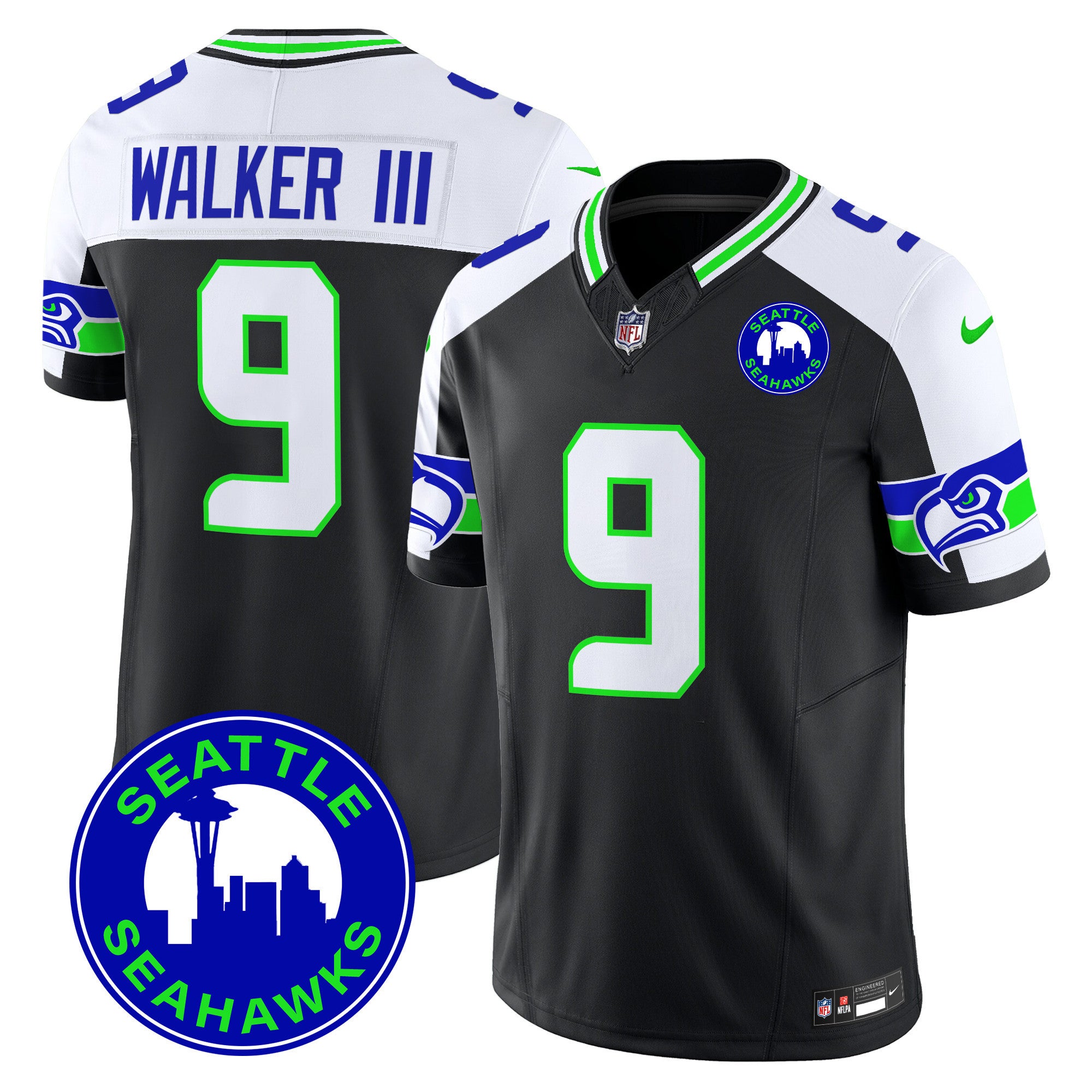 Men's Seattle Seahawks 2024 Seattle City Patch Vapor Limited Jersey - All Stitched - Black Alternate, Walker III