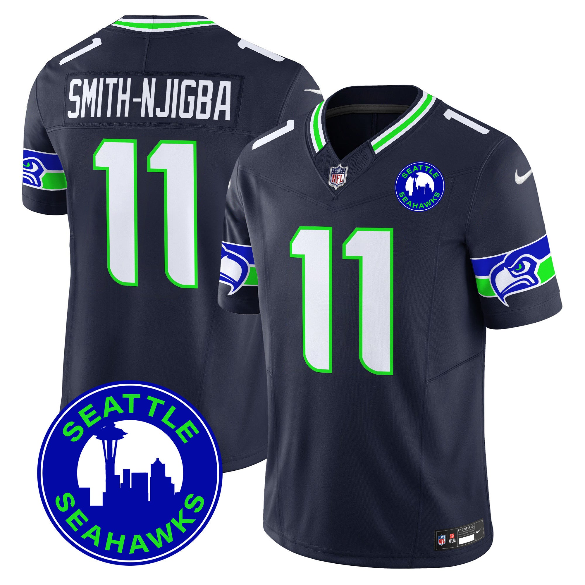Men's Seattle Seahawks 2024 Seattle City Patch Vapor Limited Jersey - All Stitched - Navy, Smith-Njigba