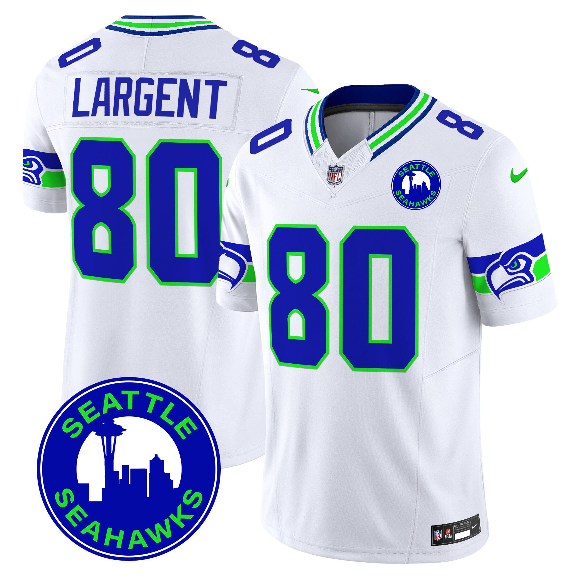 Men's Seattle Seahawks 2024 Seattle City Patch Vapor Limited Jersey - All Stitched - White, Steve Largent