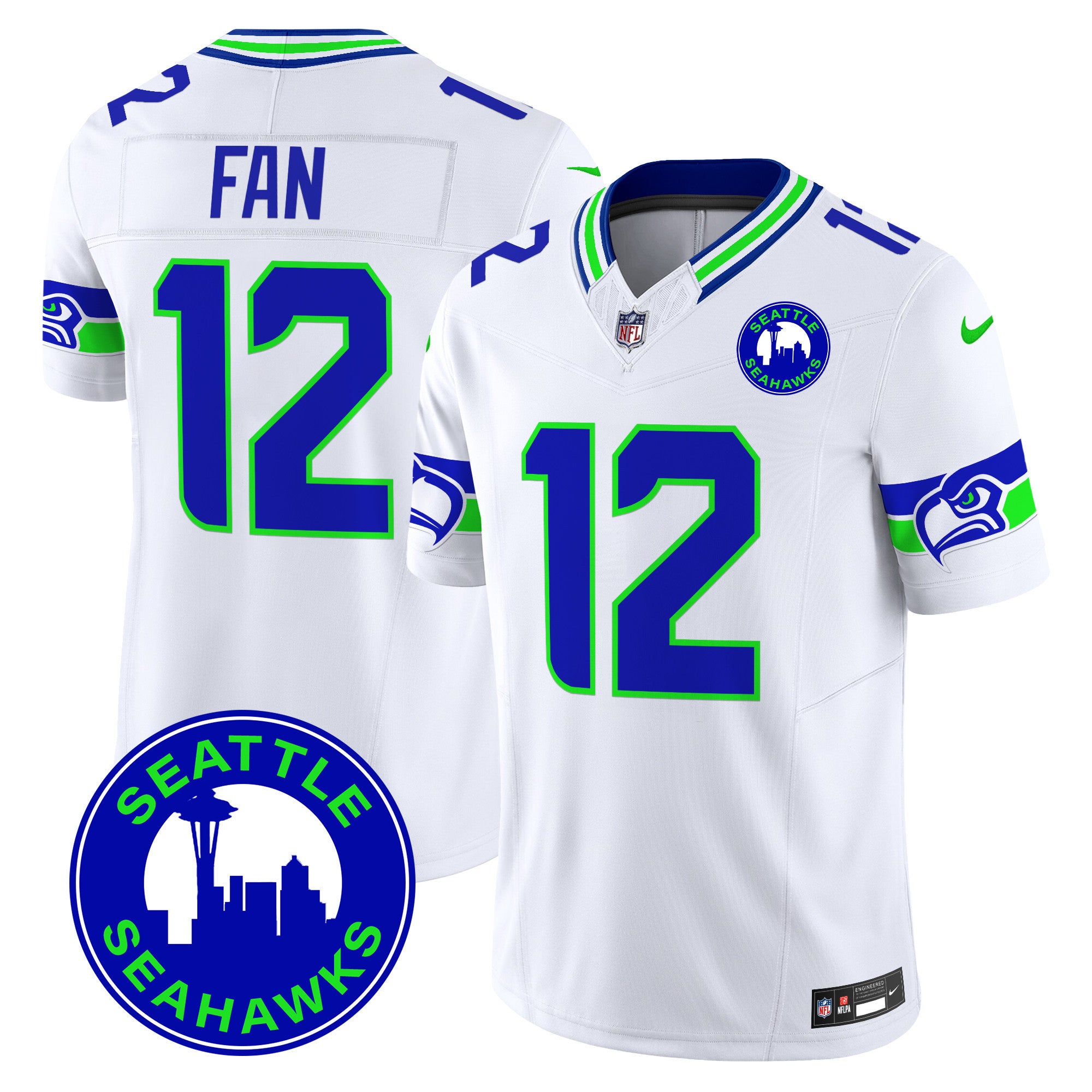 Men's Seattle Seahawks 2024 Seattle City Patch Vapor Limited Jersey - All Stitched - White, 12Th Fan