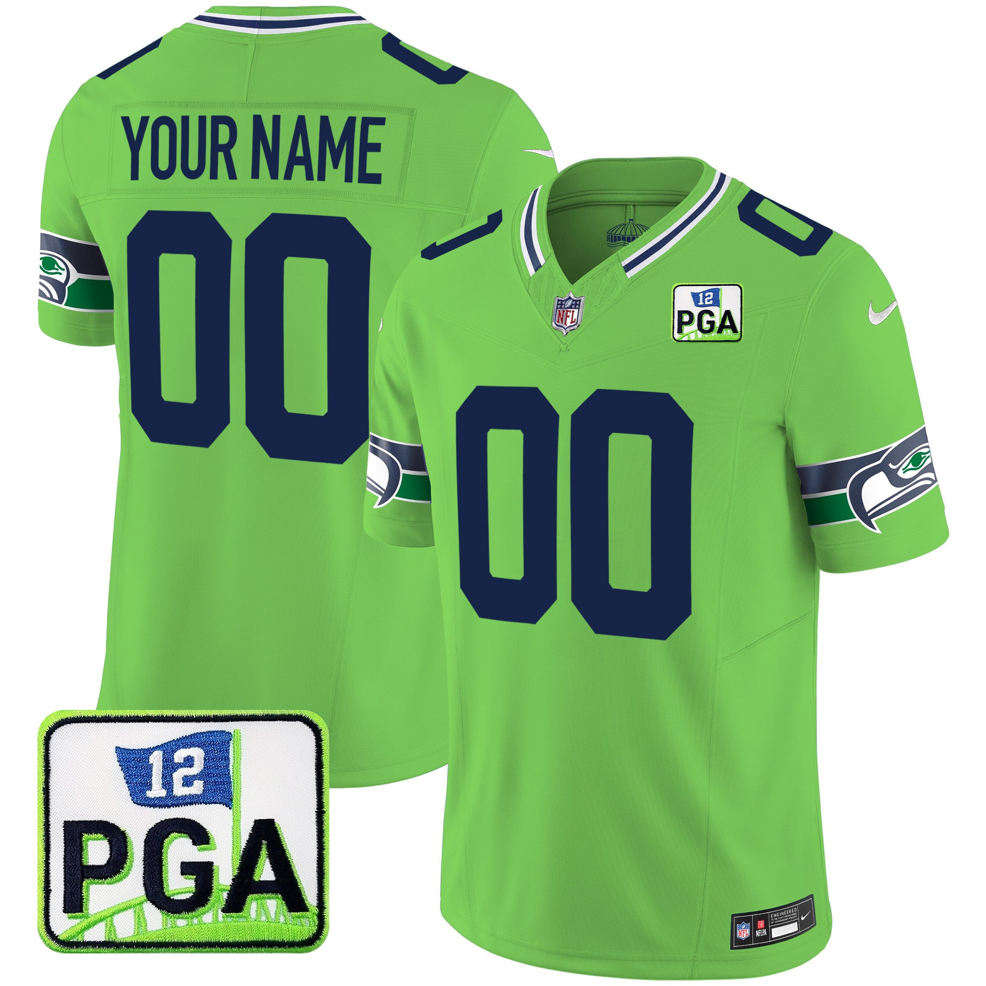 Seattle Seahawks PGA Patch Vapor Limited Custom Jersey - All Stitched - Youth, Green