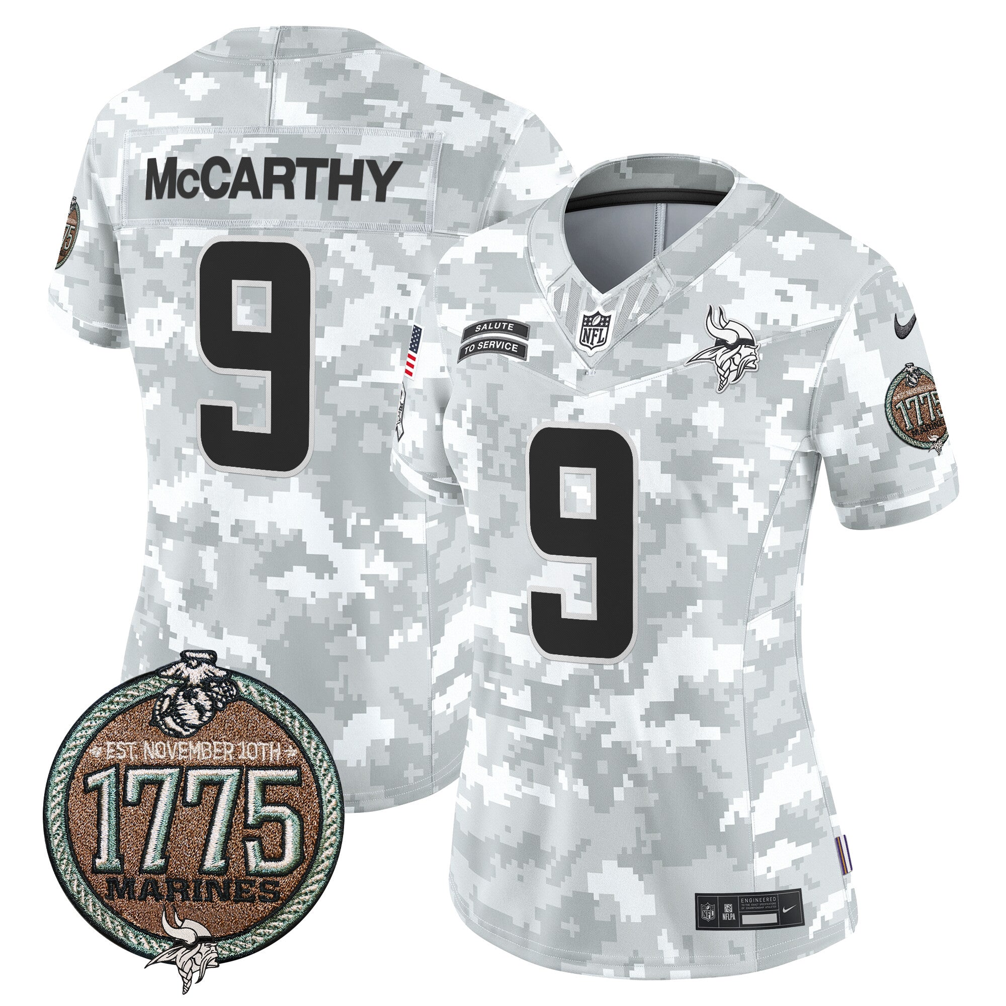Women's Minnesota Vikings 2024 Salute to Service Establishment Year Patch Vapor Limited Jersey - All Stitched - Marines, J.J. McCarthy