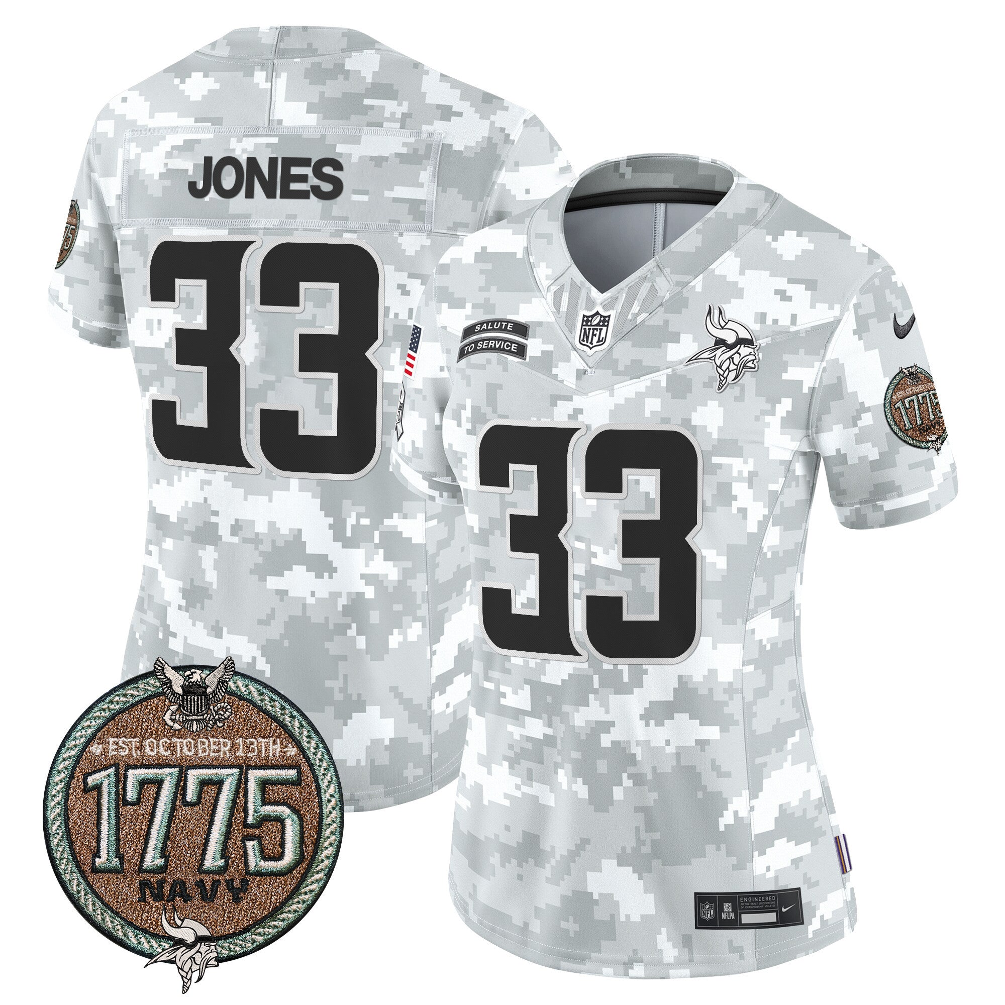 Women's Minnesota Vikings 2024 Salute to Service Establishment Year Patch Vapor Limited Jersey - All Stitched - Navy, Aaron Jones