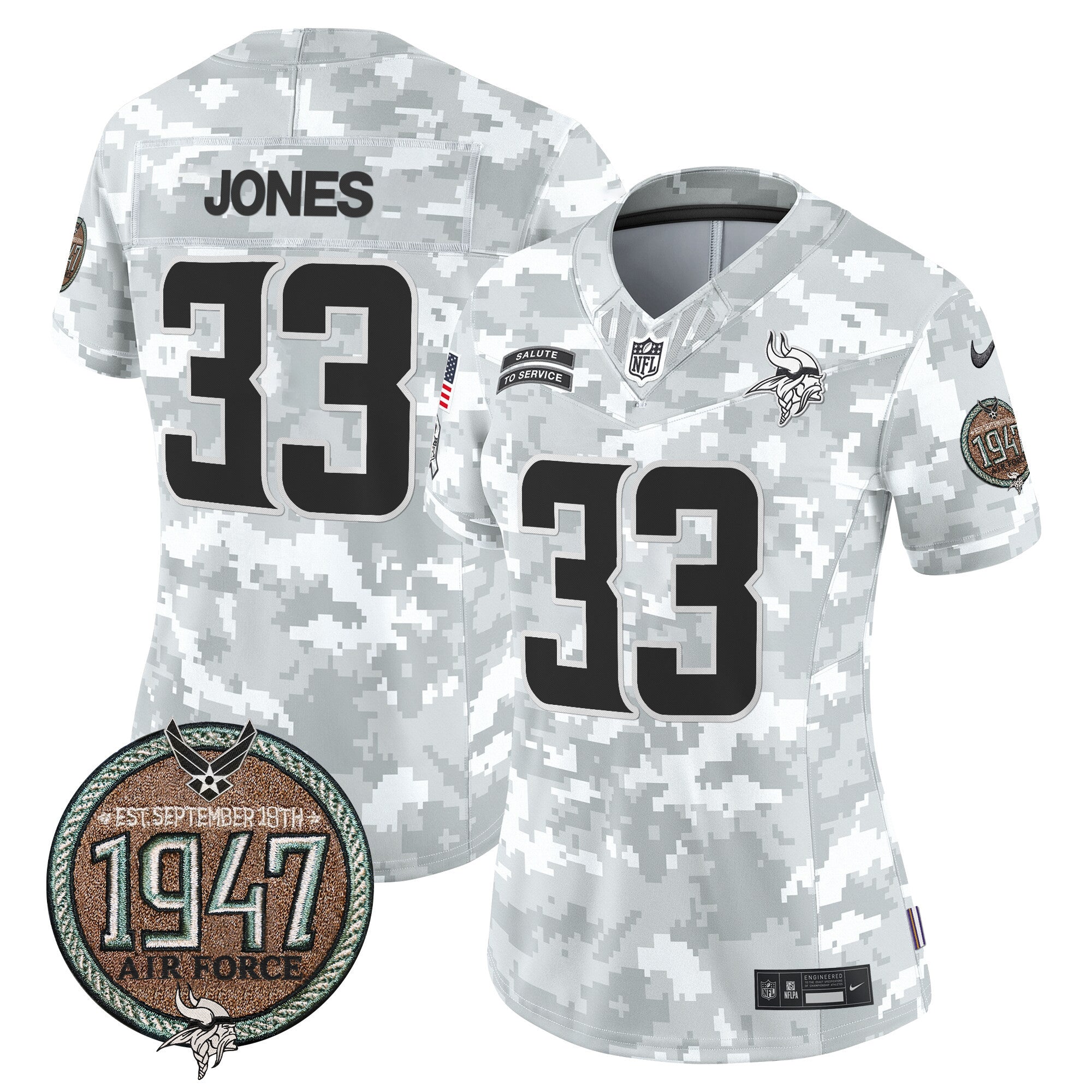 Women's Minnesota Vikings 2024 Salute to Service Establishment Year Patch Vapor Limited Jersey - All Stitched - Air Force, Aaron Jones