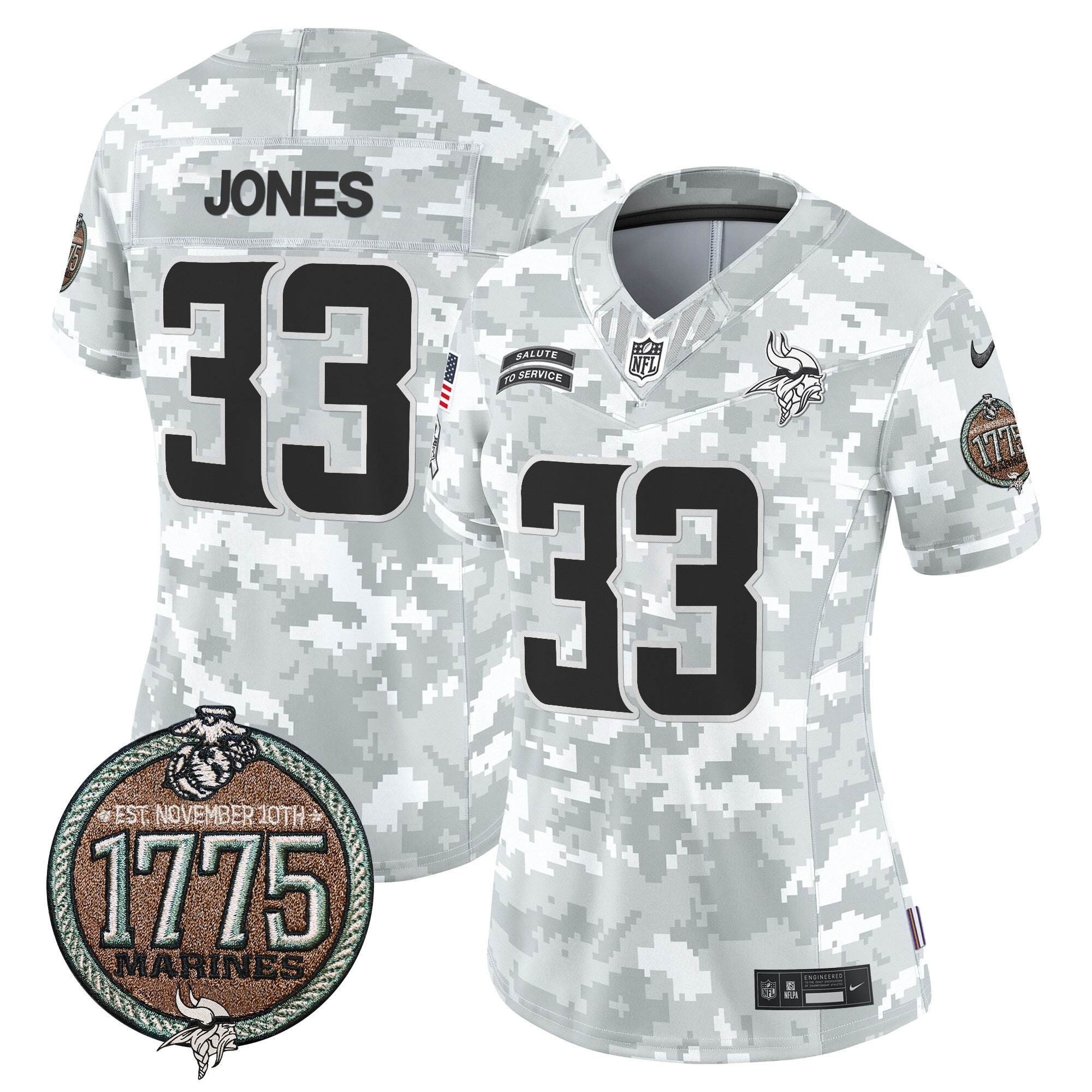 Women's Minnesota Vikings 2024 Salute to Service Establishment Year Patch Vapor Limited Jersey - All Stitched - Marines, Aaron Jones