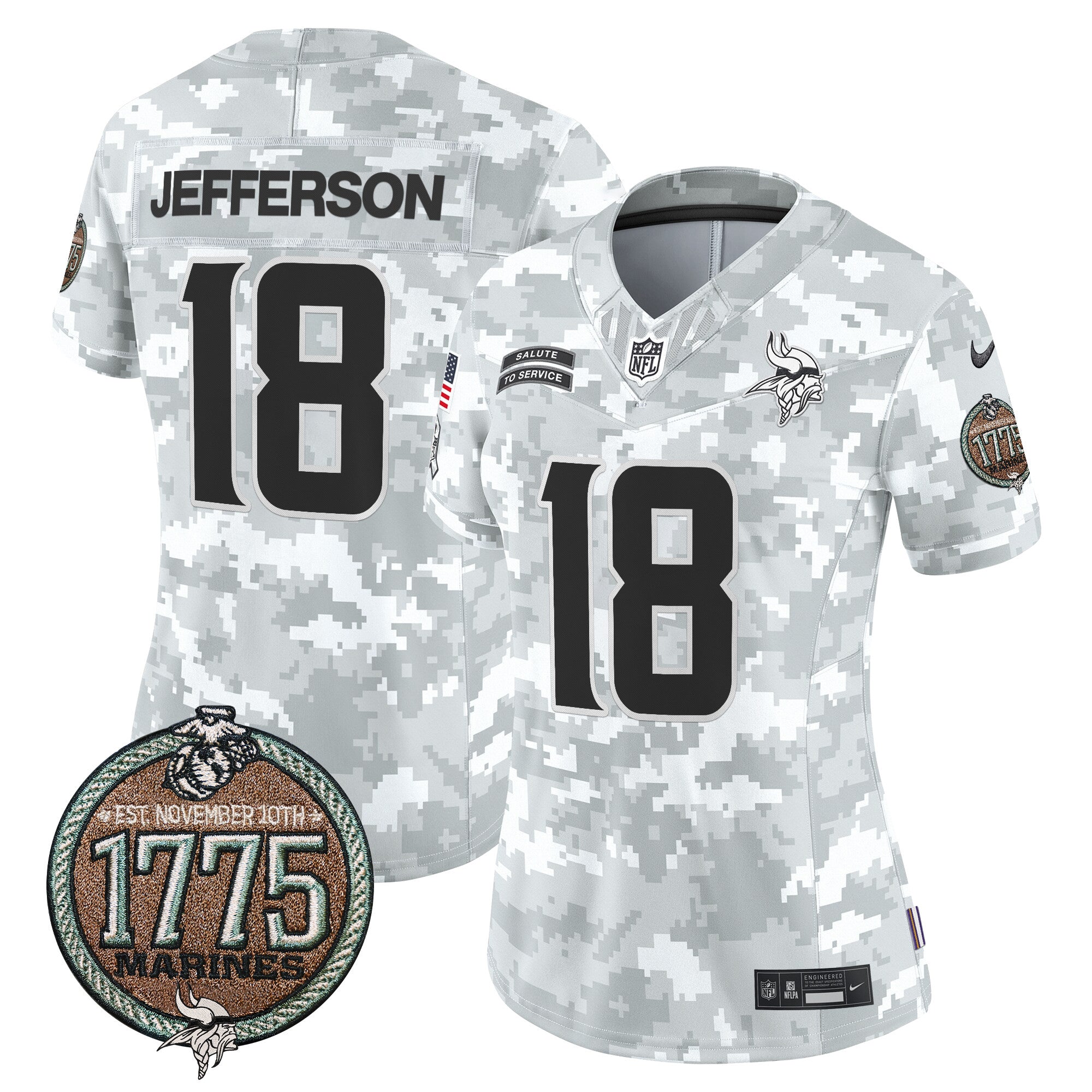 Women's Minnesota Vikings 2024 Salute to Service Establishment Year Patch Vapor Limited Jersey - All Stitched - Marines, Justin Jefferson
