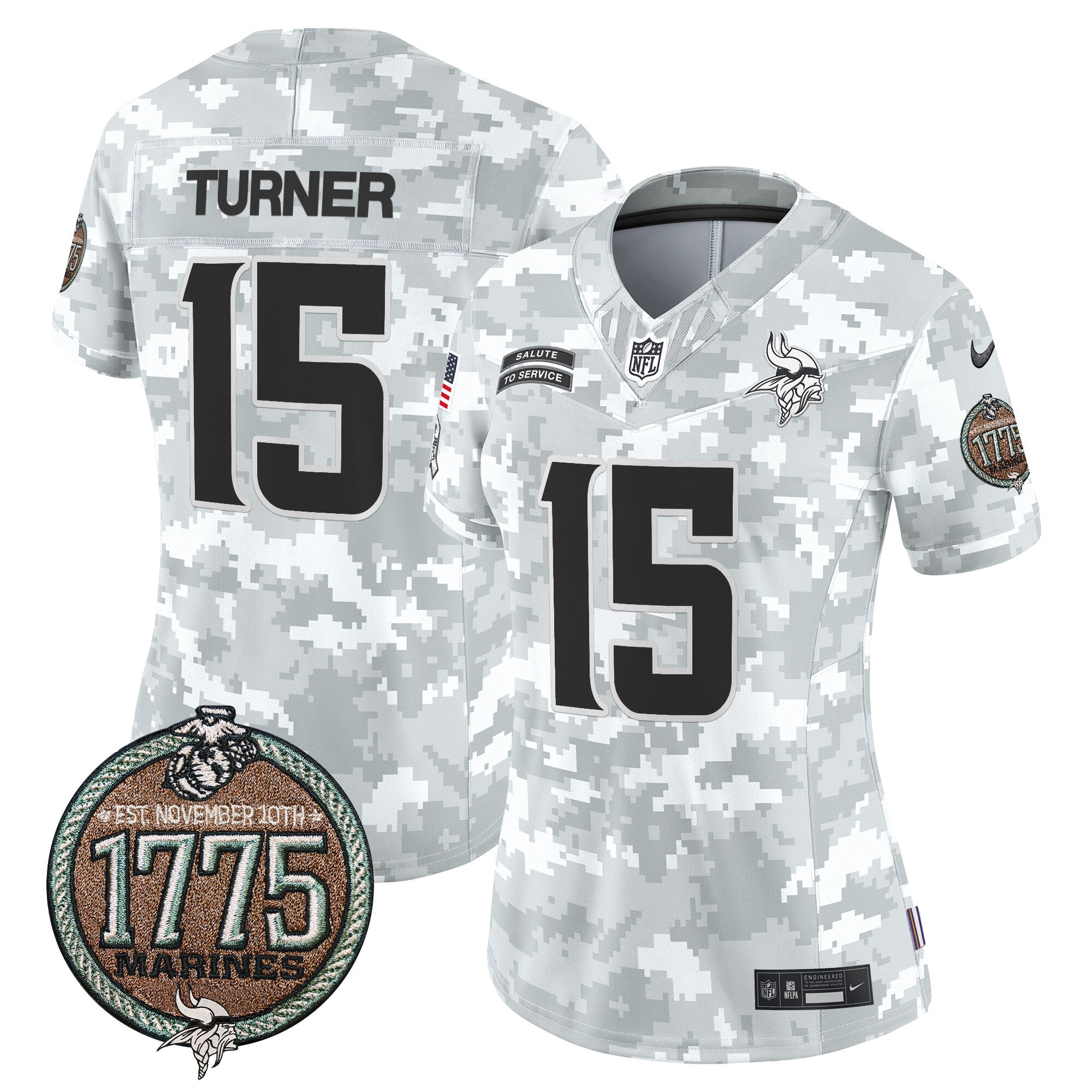 Women's Minnesota Vikings 2024 Salute to Service Establishment Year Patch Vapor Limited Jersey - All Stitched - Marines, Dallas Turner