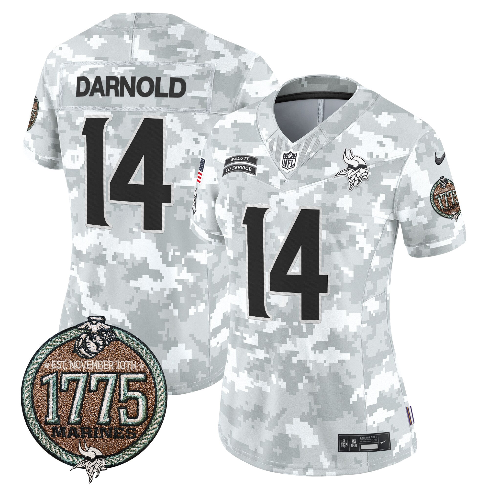 Women's Minnesota Vikings 2024 Salute to Service Establishment Year Patch Vapor Limited Jersey - All Stitched - Marines, Sam Darnold