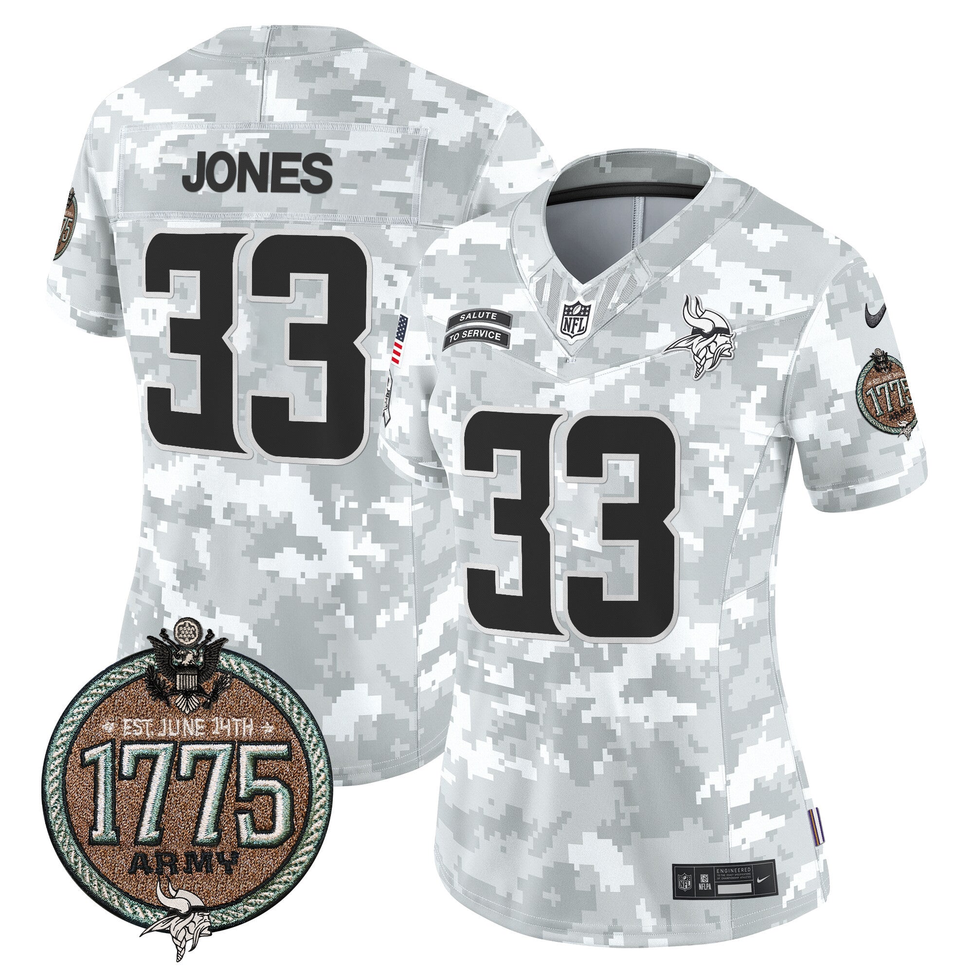 Women's Minnesota Vikings 2024 Salute to Service Establishment Year Patch Vapor Limited Jersey - All Stitched - Army, Aaron Jones