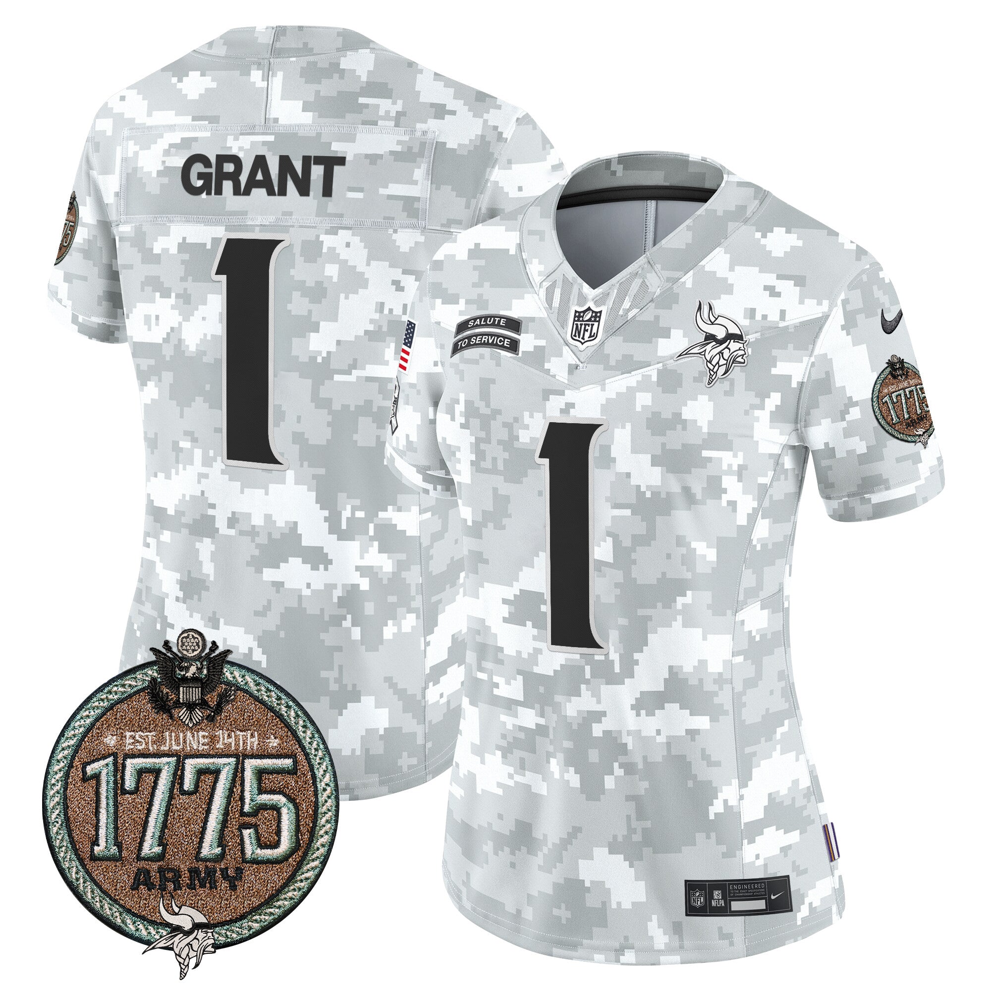 Women's Minnesota Vikings 2024 Salute to Service Establishment Year Patch Vapor Limited Jersey - All Stitched - Army, Bud Grant