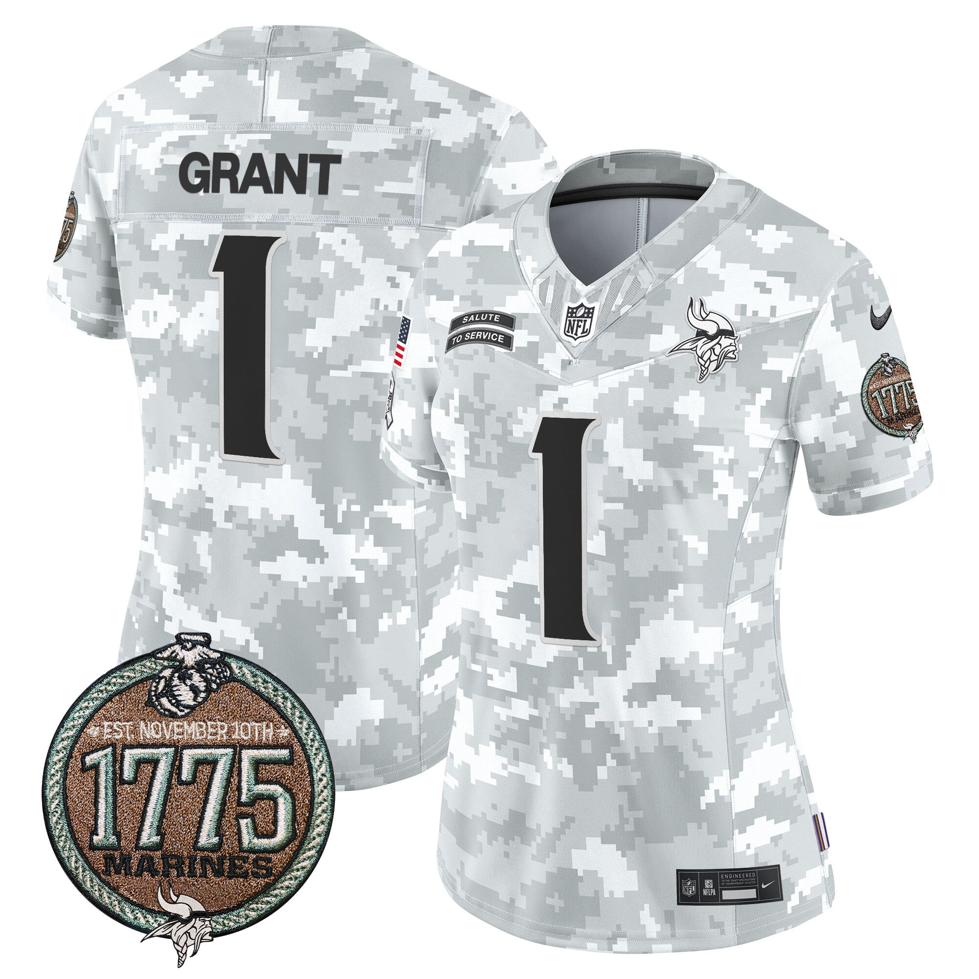 Women's Minnesota Vikings 2024 Salute to Service Establishment Year Patch Vapor Limited Jersey - All Stitched - Marines, Bud Grant