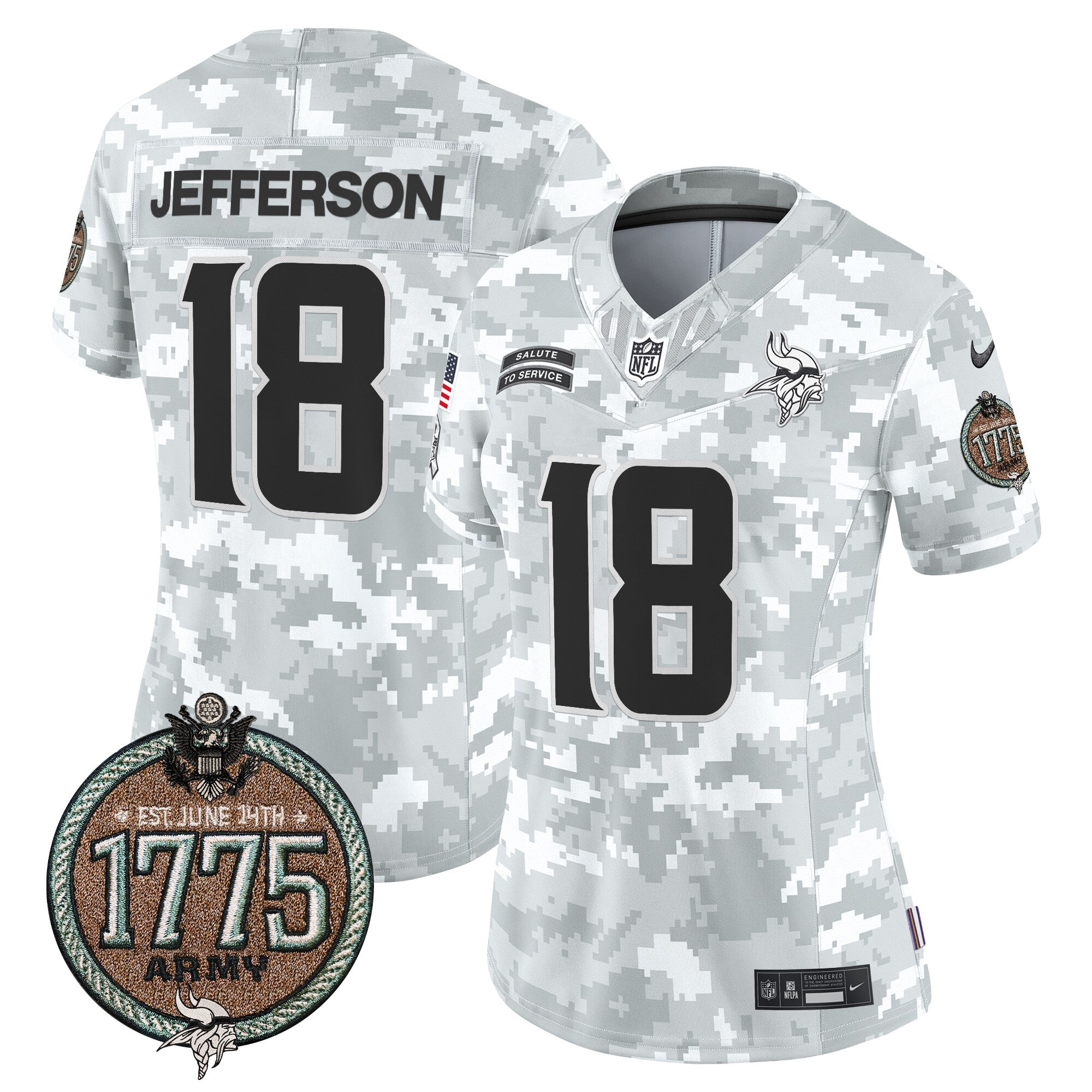 Women's Minnesota Vikings 2024 Salute to Service Establishment Year Patch Vapor Limited Jersey - All Stitched - Army, Justin Jefferson