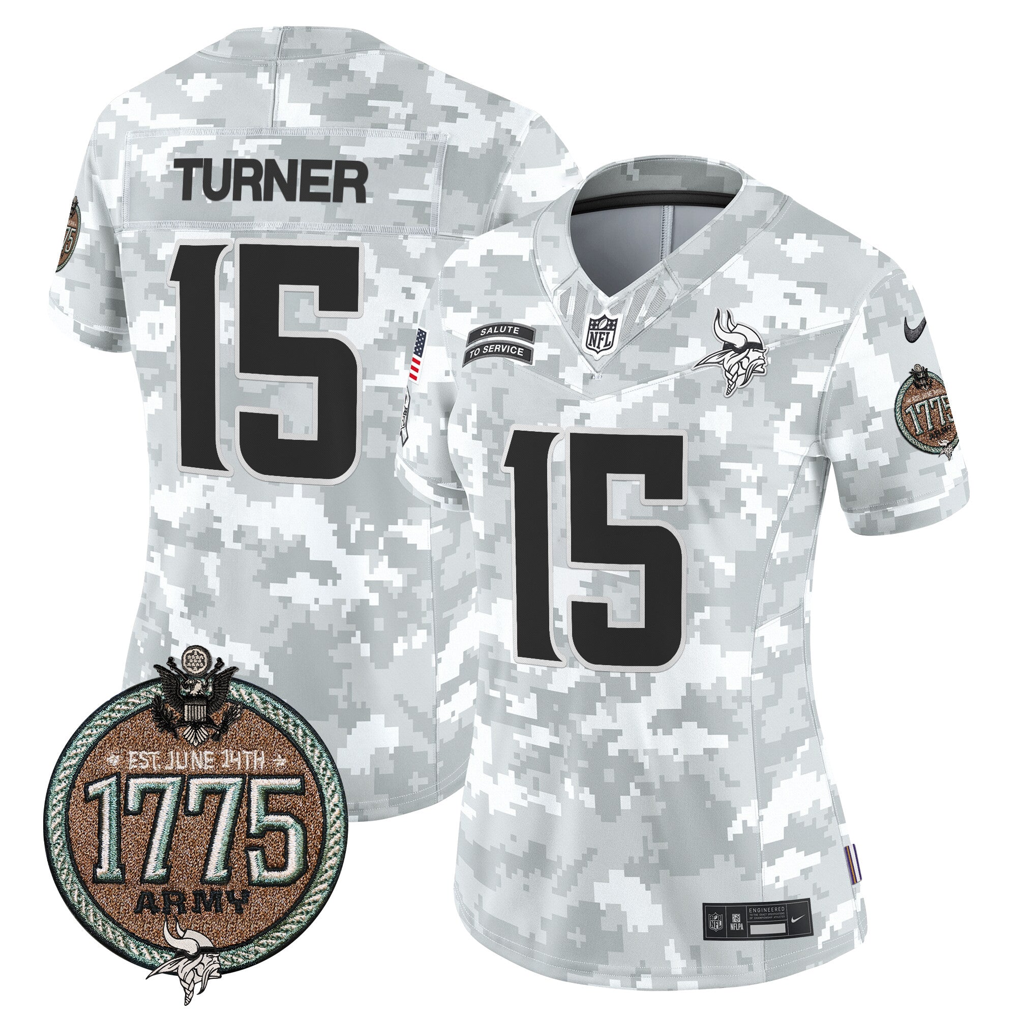 Women's Minnesota Vikings 2024 Salute to Service Establishment Year Patch Vapor Limited Jersey - All Stitched - Army, Dallas Turner