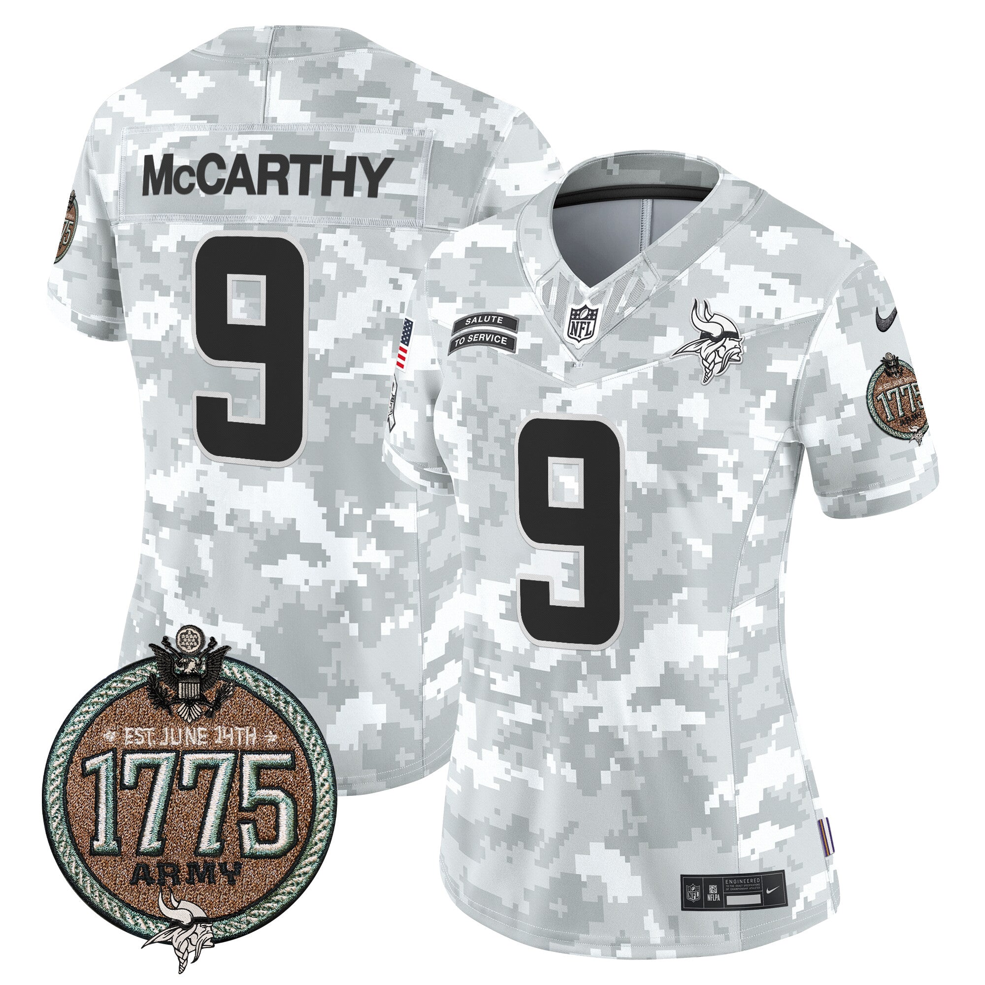 Women's Minnesota Vikings 2024 Salute to Service Establishment Year Patch Vapor Limited Jersey - All Stitched - Army, J.J. McCarthy