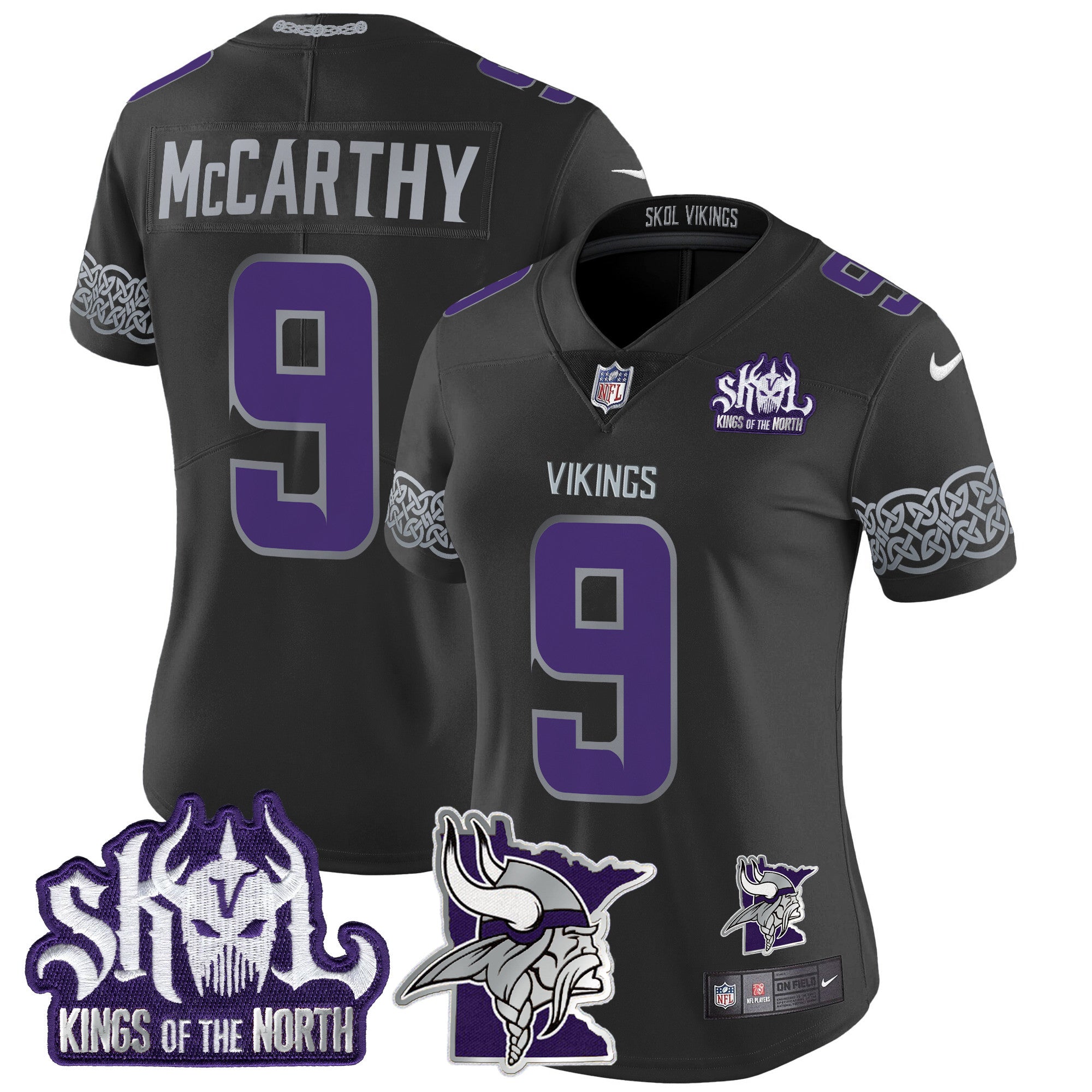 Women's Minnesota Vikings 2024 Winter Warrior Skol Patch Vapor Limited Jersey V2 - All Stitched - Black, J.J. McCarthy