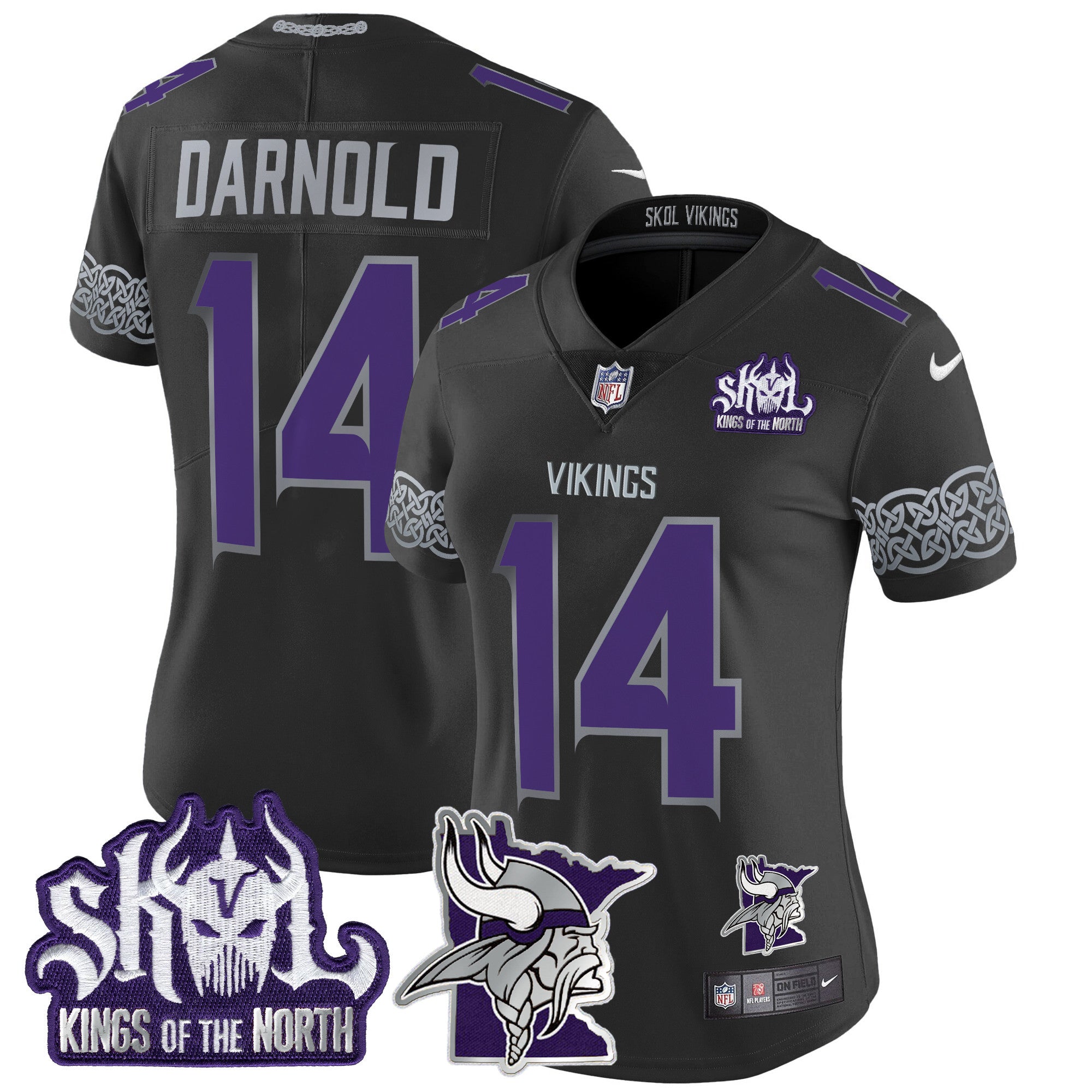 Women's Minnesota Vikings 2024 Winter Warrior Skol Patch Vapor Limited Jersey V2 - All Stitched - Black, Sam Darnold