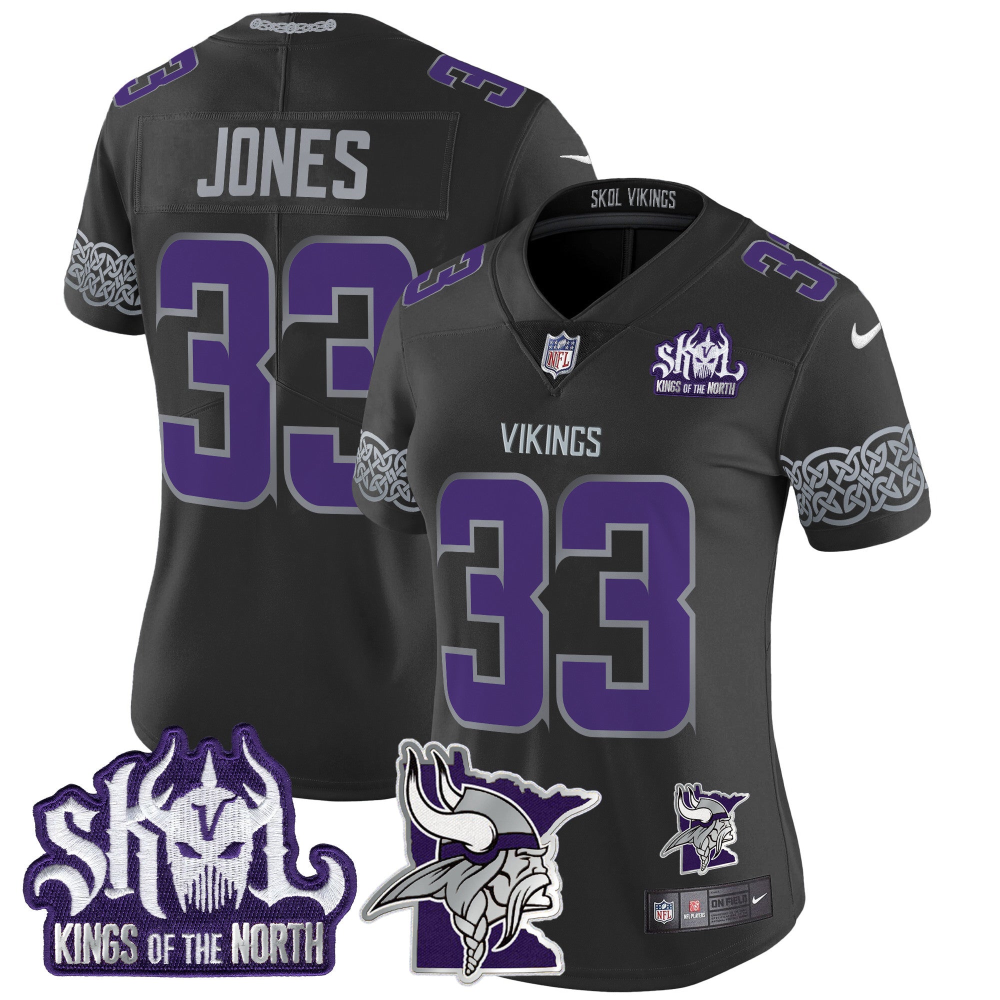Women's Minnesota Vikings 2024 Winter Warrior Skol Patch Vapor Limited Jersey V2 - All Stitched - Black, Aaron Jones