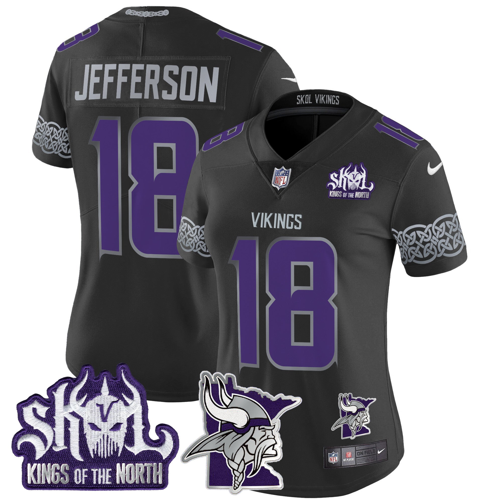 Women's Minnesota Vikings 2024 Winter Warrior Skol Patch Vapor Limited Jersey V2 - All Stitched - Black, Justin Jefferson