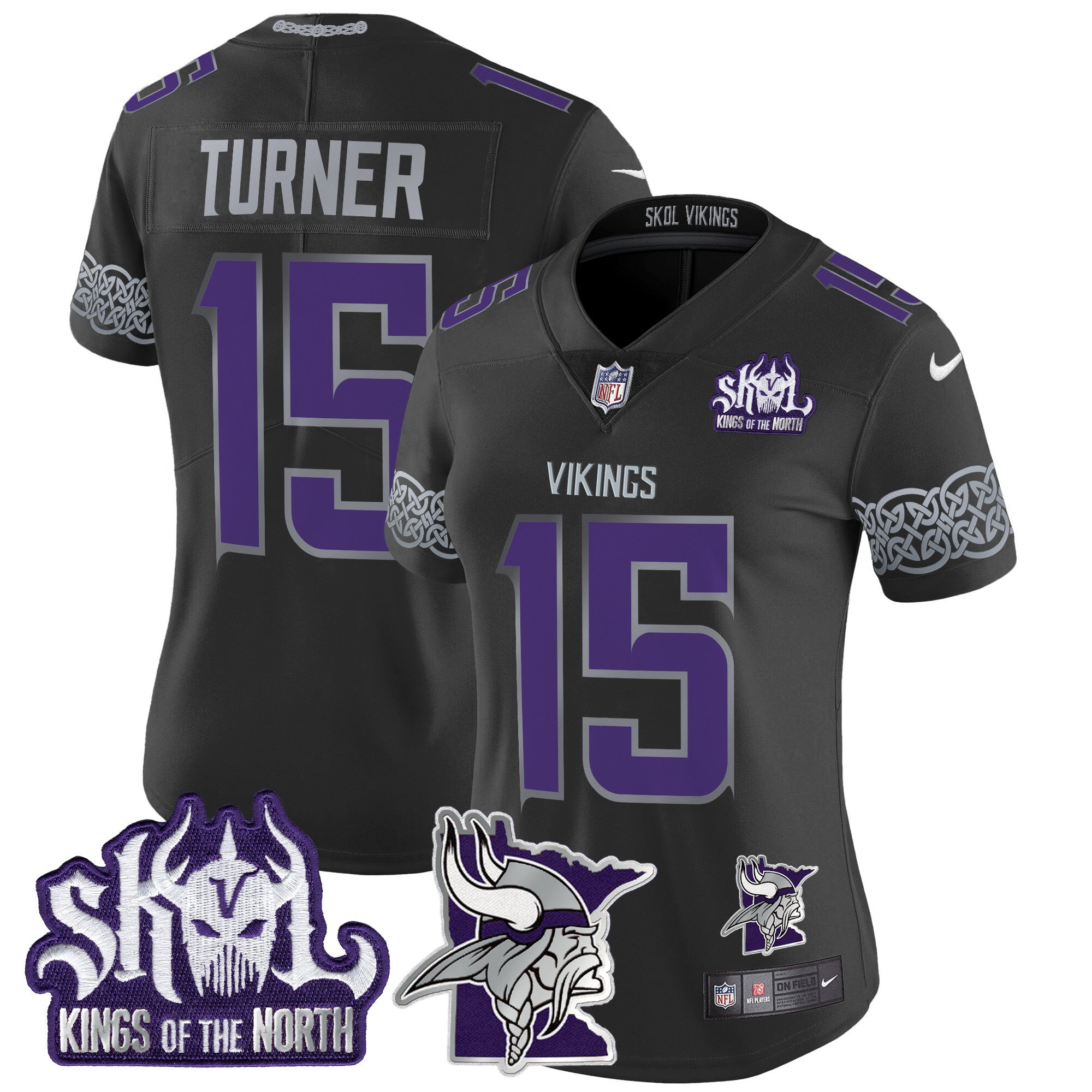 Women's Minnesota Vikings 2024 Winter Warrior Skol Patch Vapor Limited Jersey V2 - All Stitched - Black, Dallas Turner