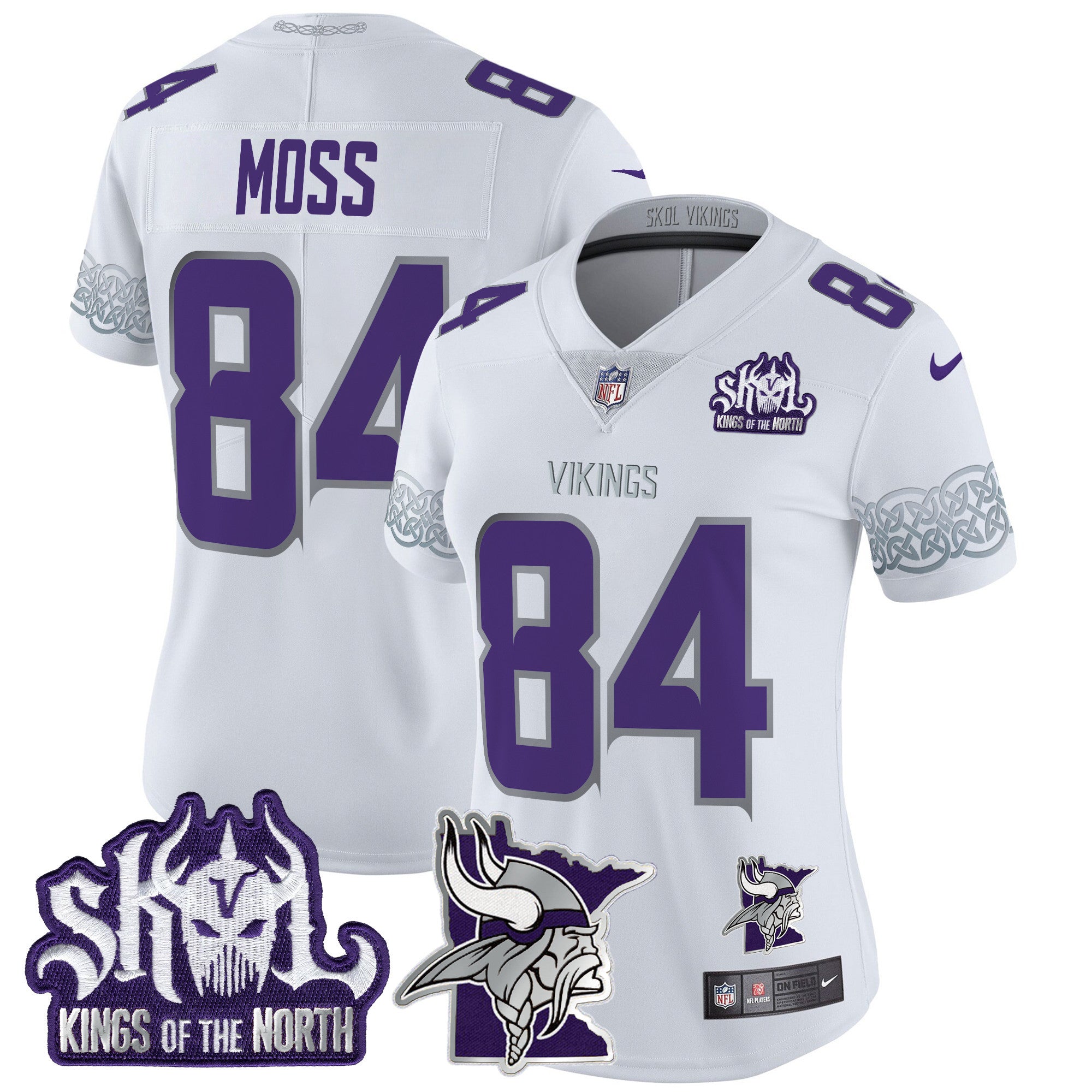 Women's Minnesota Vikings 2024 Winter Warrior Skol Patch Vapor Limited Jersey V2 - All Stitched - White, Randy Moss